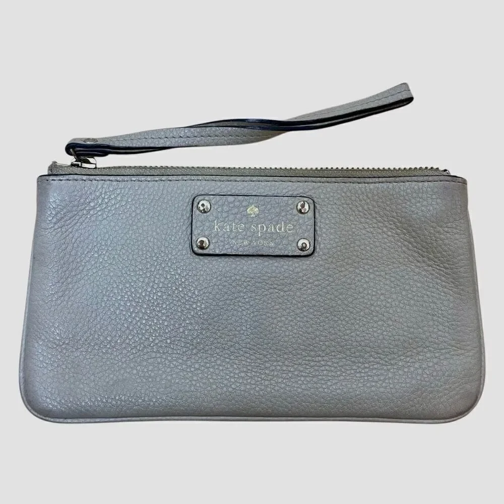 Kate Spade NY Jackson Slim Wristlet Wallet Pebbled Leather Beige Tan Gray Zip